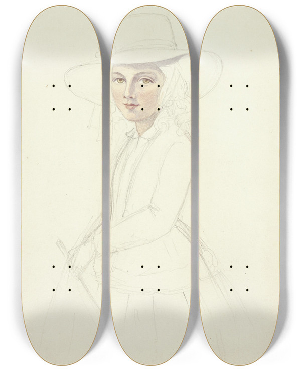 Triptych art skateboard deck of Elizabeth Murray Portrait Of Young Girl With Hat And Crop by Elizabeth Murray (1815-1882)
