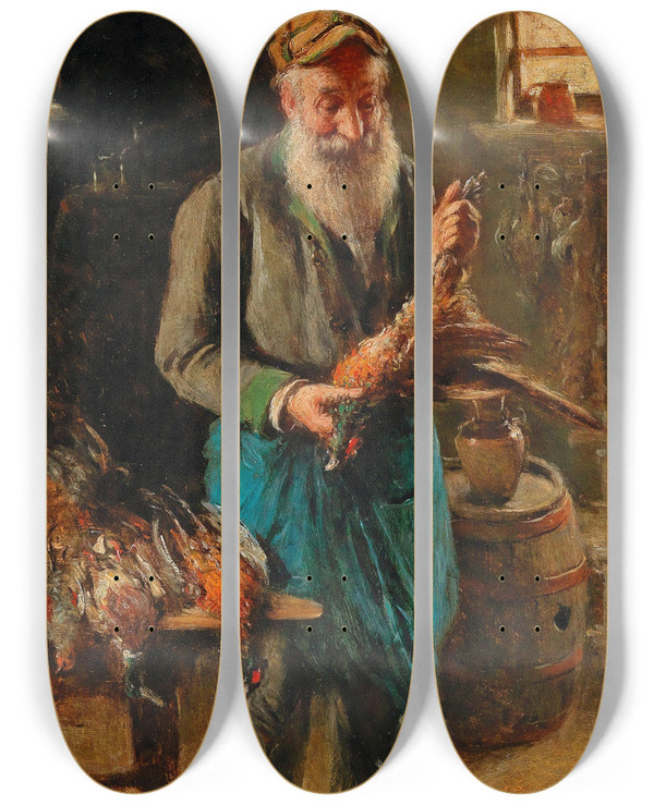 Triptych art skateboard deck of Hermann Kern Pheasant Hunter by Hermann Kern (1838-1912)