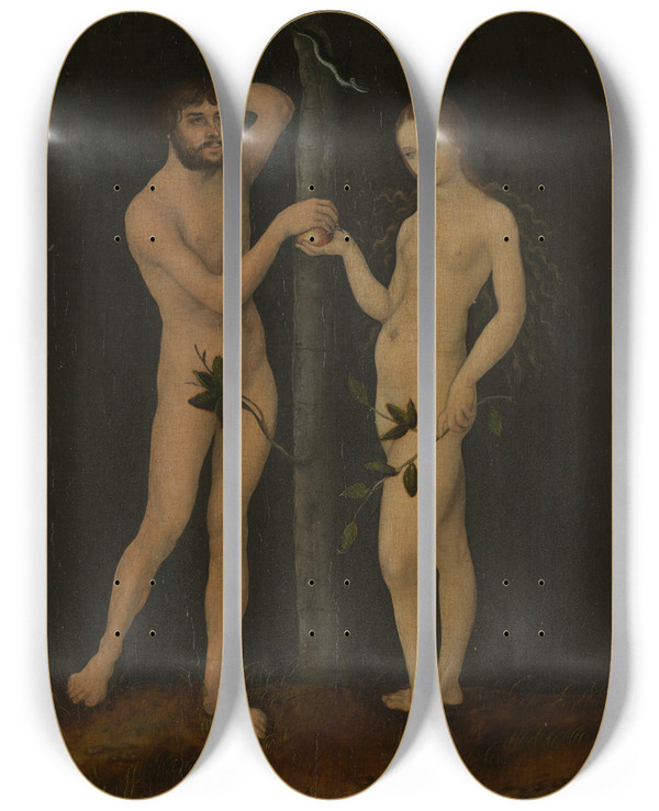 Triptych art skateboard deck of Lucas Cranach The Elder Adam And Eve_3 by Lucas Cranach The Elder (1472-1553)