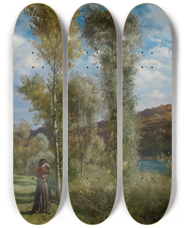 Triptych art skateboard deck of Hans Thoma Herbsttag Am Oberrhein by Hans Thoma (1839-1924)