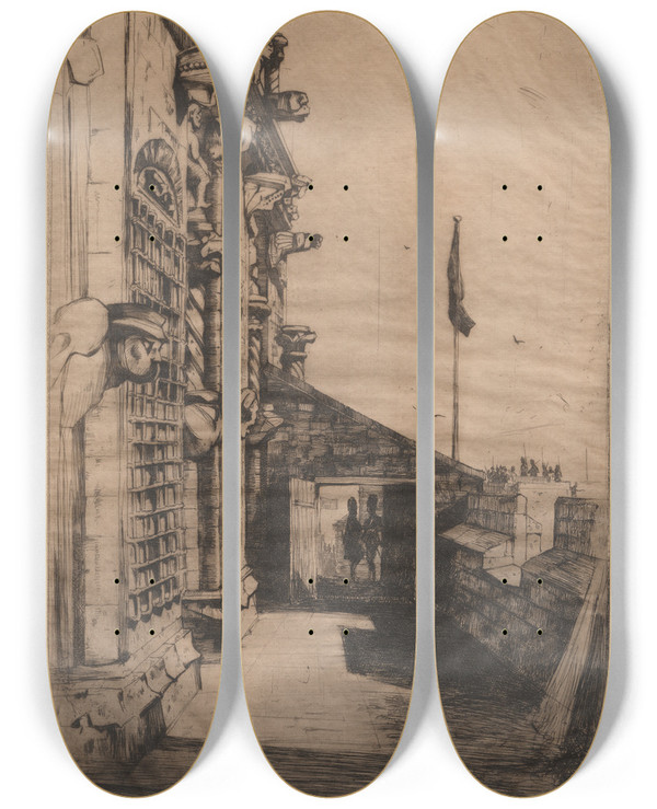 Triptych art skateboard deck of David Young Cameron The Gargoyles Stirling Castle by David Young Cameron (1865-1945)