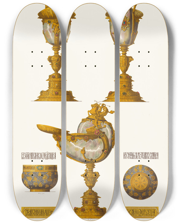 Triptych art skateboard deck of Fedor Grigoryevich Solntsev Kubok Rakovinnyi I Bratina Tsaria Alekseia Mikhailovicha by Fedor Grigoryevich Solntsev (1801-1892)