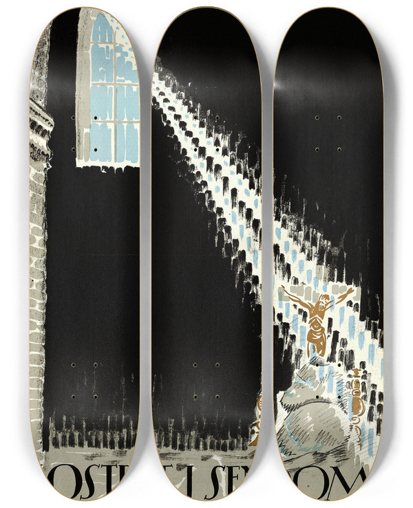 Triptych art skateboard deck of Eric Rohman Secret Of The Monastery by Eric Rohman (1891-1949)