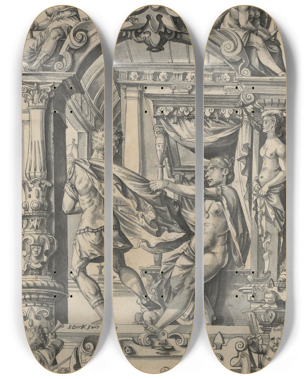 Triptych art skateboard deck of Hans Bock The Elder Scheibenriss Mit Josefs Flucht Vor Potiphars Weib In Den Oberbildern Fides Und Prudentia by Hans Bock The Elder (1550-1624)