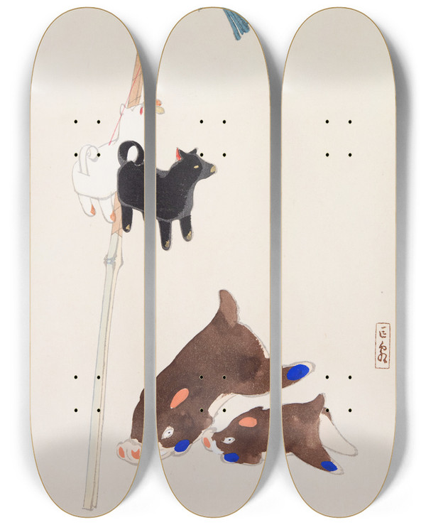 Triptych art skateboard deck of Kawasaki Kyosen Kyosens Collected Illustrations Of Japanese Toys Pl002 by Kawasaki Kyosen (1877-1942)