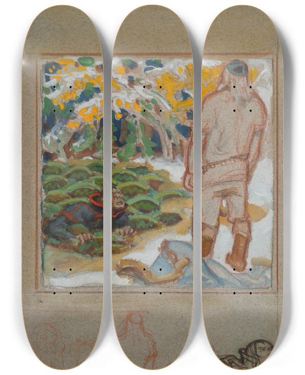 Triptych art skateboard deck of Akseli Gallenkallela The Complete Kalevala Sketch Vinminen_1 by Akseli Gallen Kallela (1865-1931)