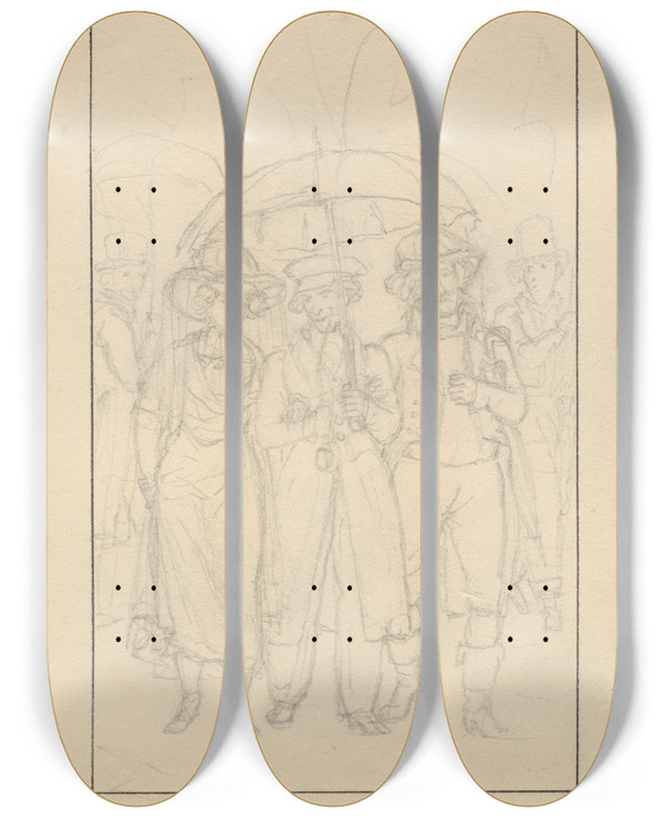 Triptych art skateboard deck of Christoffer Wilhelm Eckersberg Scene Fra De Uadskillelige by Christoffer Wilhelm Eckersberg (1783-1853)