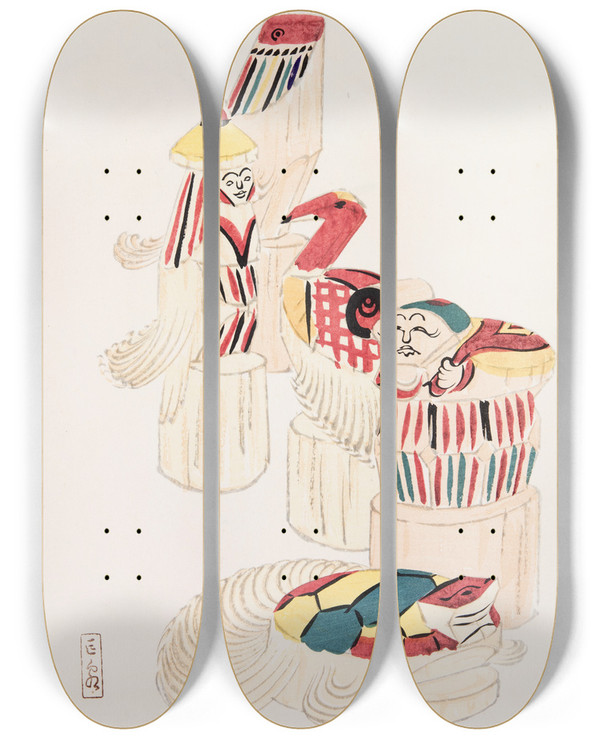 Triptych art skateboard deck of Kawasaki Kyosen Kyosens Collected Illustrations Of Japanese Toys Pl052 by Kawasaki Kyosen (1877-1942)