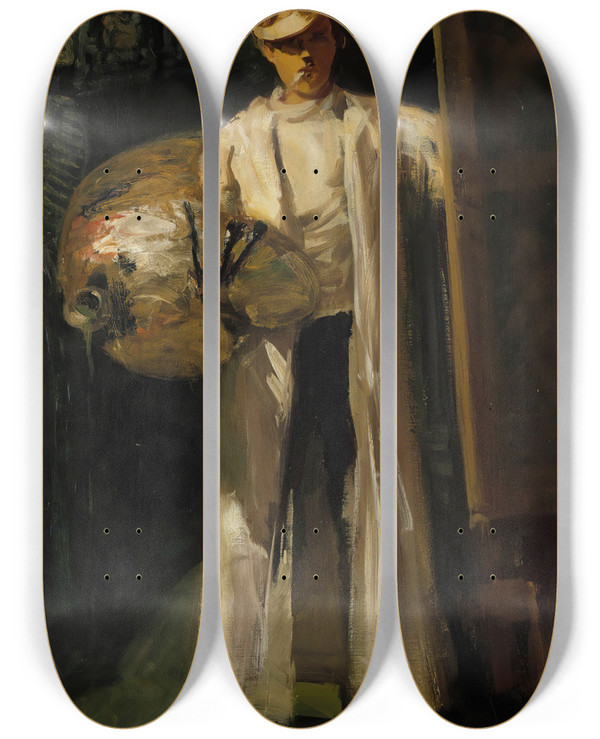 Triptych art skateboard deck of Oscar Parviainen Selfportrait In Electric Light by Oscar Parviainen (1880-1938)