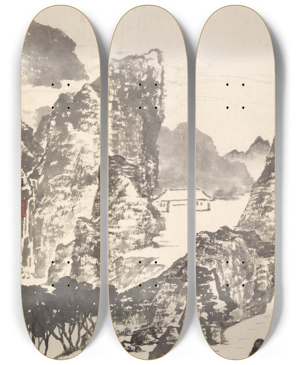 Triptych art skateboard deck of Min Zhen Landscape After Mi Fu by Min Zhen (1730-1788)