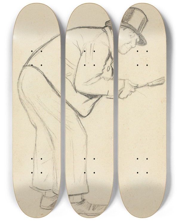 Triptych art skateboard deck of Charles Samuel Keene Study For A Woman Hater by Charles Samuel Keene (1823-1891)
