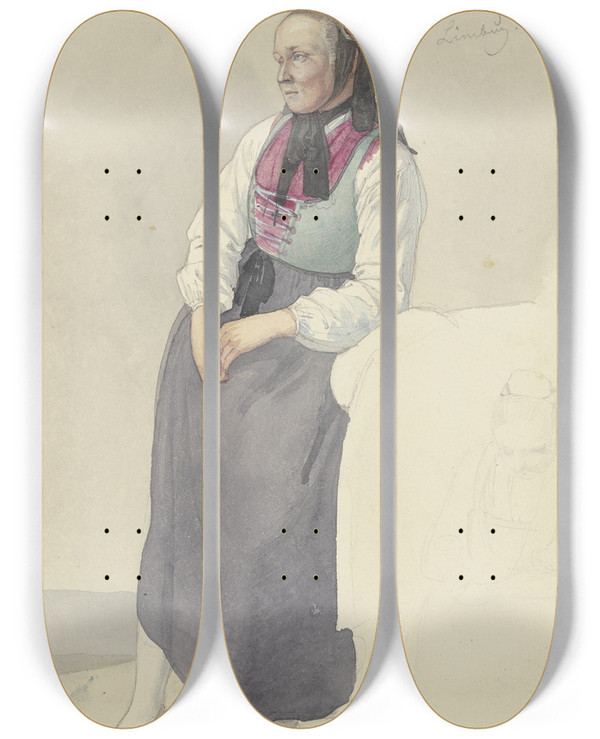 Triptych art skateboard deck of Jakob Becker Hessian Farmwoman by Jakob Becker (1810-1872)