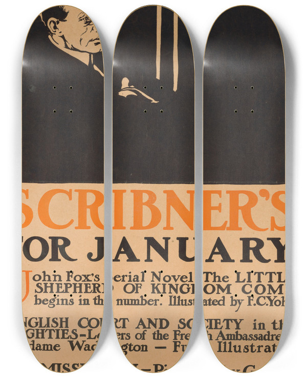 Triptych art skateboard deck of Edward Penfield Scribners For January by Edward Penfield (1866-1925)
