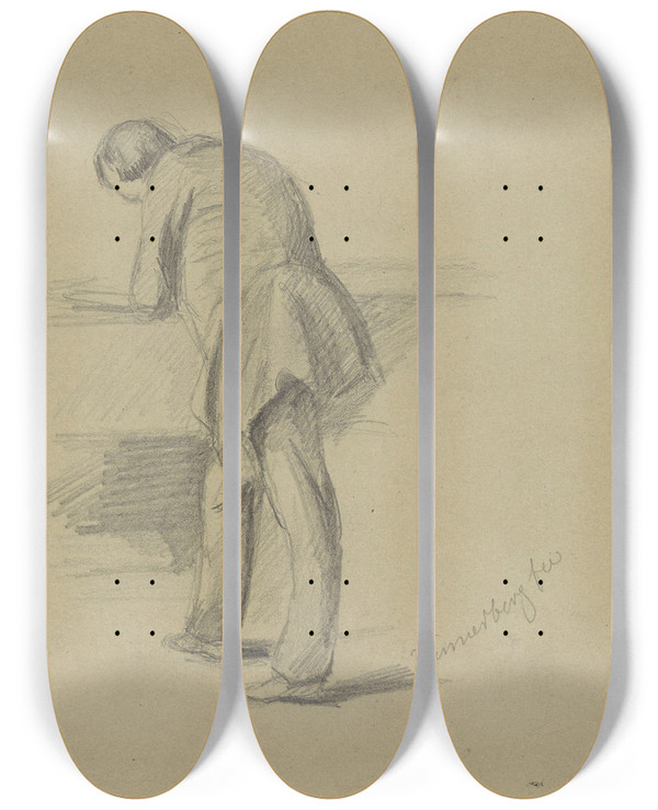 Triptych art skateboard deck of Adolph Tidemand Stende Mann Som Sttter Seg Til Bord by Adolph Tidemand (1814-1876)