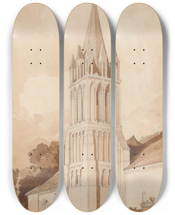 Triptych art skateboard deck of John Sell Cotman Southeast View Of The Church Of Ifs Near Caen Normandy by John Sell Cotman (1782-1842)