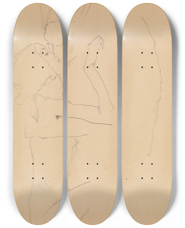 Triptych art skateboard deck of Egon Schiele The Kiss by Egon Schiele (1890-1918)