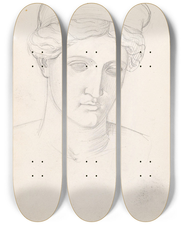 Triptych art skateboard deck of Adolph Tidemand Study Of Sculpture Head_2 by Adolph Tidemand (1814-1876)