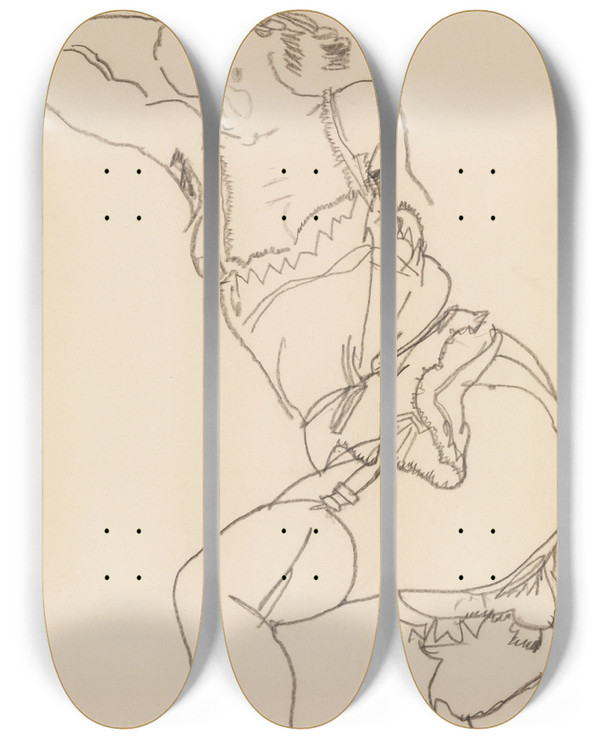 Triptych art skateboard deck of Egon Schiele Reclining Model In Chemise And Stockings by Egon Schiele (1890-1918)