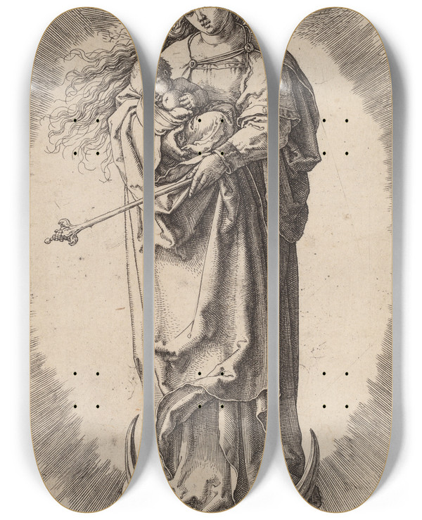 Triptych art skateboard deck of Lucas Van Leyden The Virgin And Child On The Crescent by Lucas Van Leyden (1494-1533)
