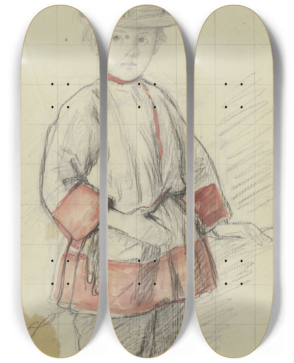 Triptych art skateboard deck of Jakob Becker Boy With The Red Sleeves by Jakob Becker (1810-1872)