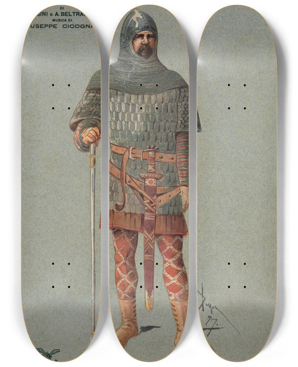 Triptych art skateboard deck of Pipein Gamba Ufficiale Della Scolta by Pipein Gamba (1868-1954)
