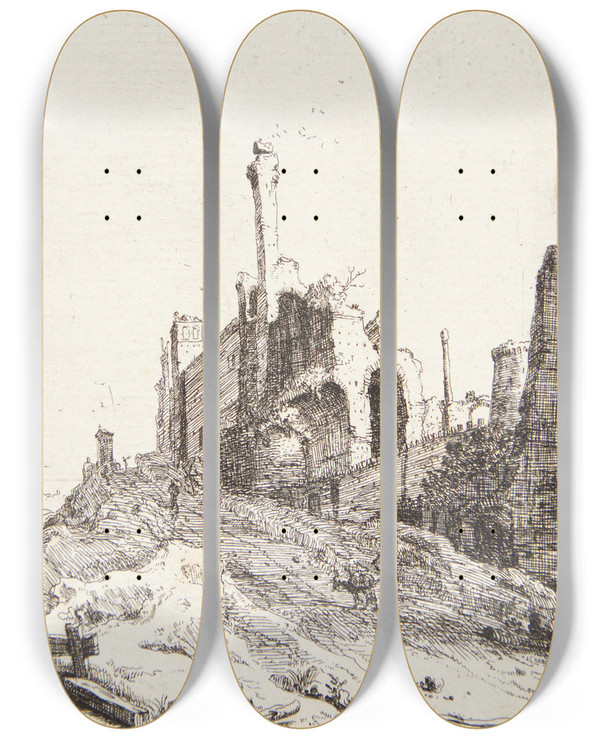 Triptych art skateboard deck of Bartholomeus Breenbergh Forfaldent Palads Ved Tivoli by Bartholomeus Breenbergh (1598-1657)