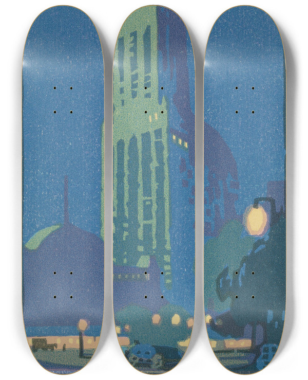 Triptych art skateboard deck of Rachael Robinson Elmer Woolworth Building June Night by Rachael Robinson Elmer (1878-1919)