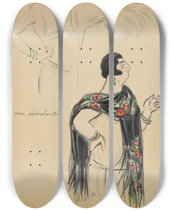 Triptych art skateboard deck of Georges Goursat Sem Une Dsenchante by Georges Goursat (Sem) (1863-1934)