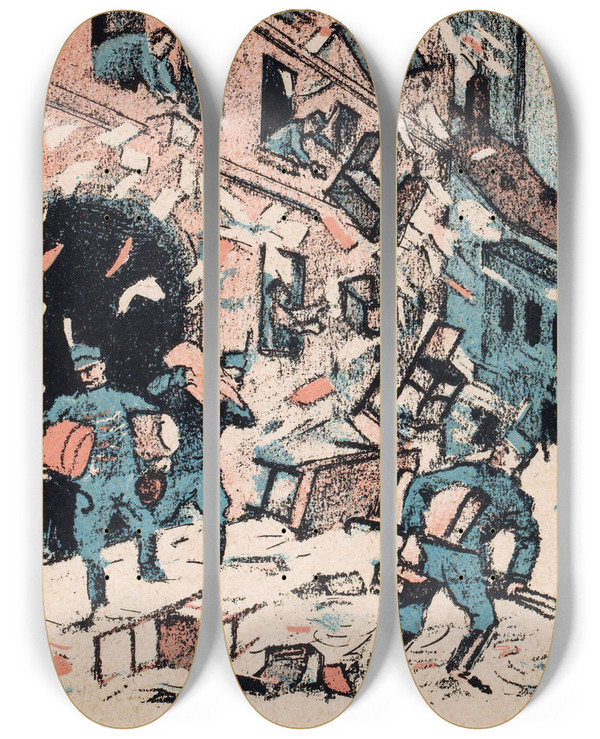 Triptych art skateboard deck of Mihly Bir Huisraden Worden Door Soldaten Op Straat Gegooid by Mihaly Biro (1886-1949)