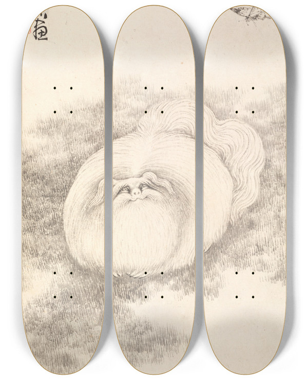 Triptych art skateboard deck of Min Zhen Cat And Butterfly by Min Zhen (1730-1788)