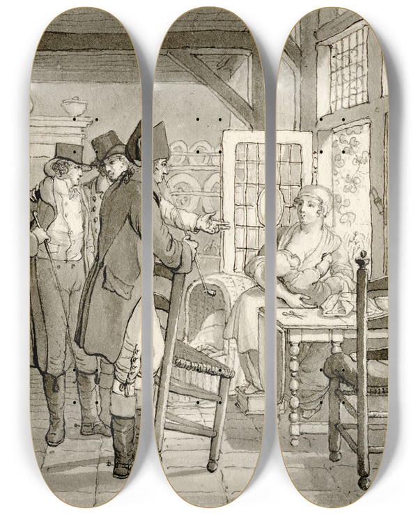 Triptych art skateboard deck of Reinier Vinkeles Drie Mannen Bij Een Zogende Vrouw Hebt Slechts Een by Reinier Vinkeles (1741-1816)