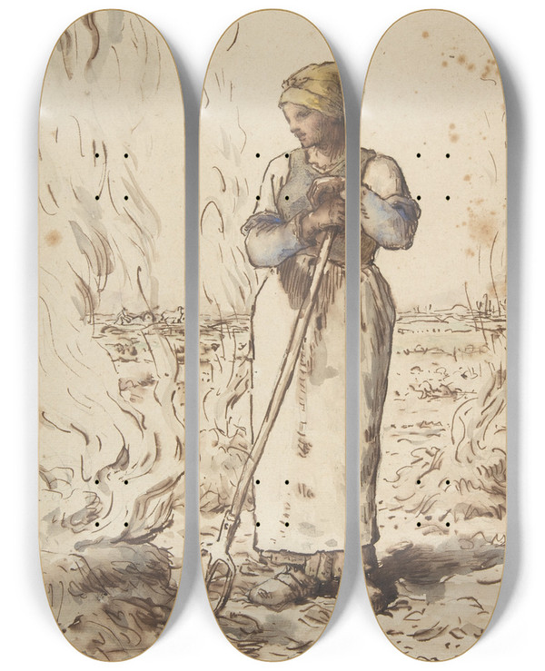 Triptych art skateboard deck of Jeanfranois Millet A Woman Burning Weeds by Jean-Franois Millet (1814-1875)