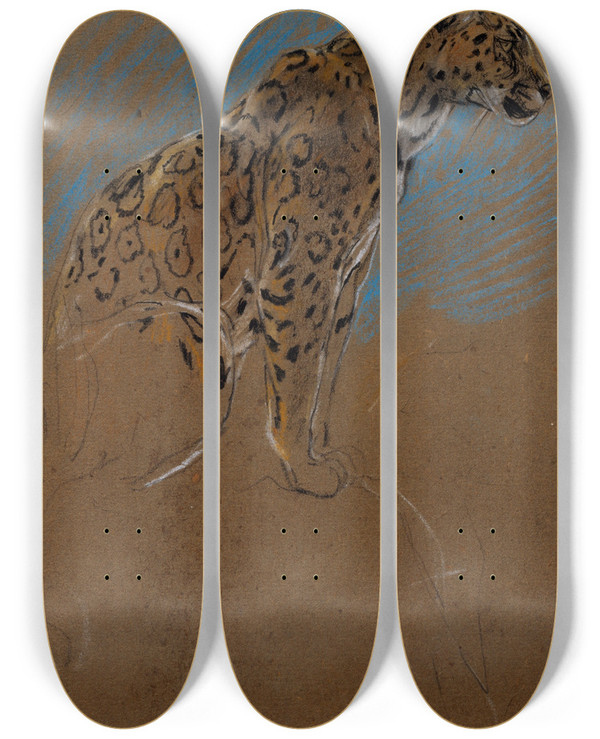Triptych art skateboard deck of John Macallan Swan Study Of A Jaguar by John Macallan Swan (1847-1910)