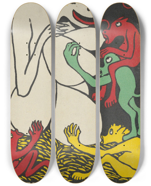 Triptych art skateboard deck of Rudolf Kalvach Joys Of Motherhood Mutter Glck by Rudolf Kalvach (1883-1932)