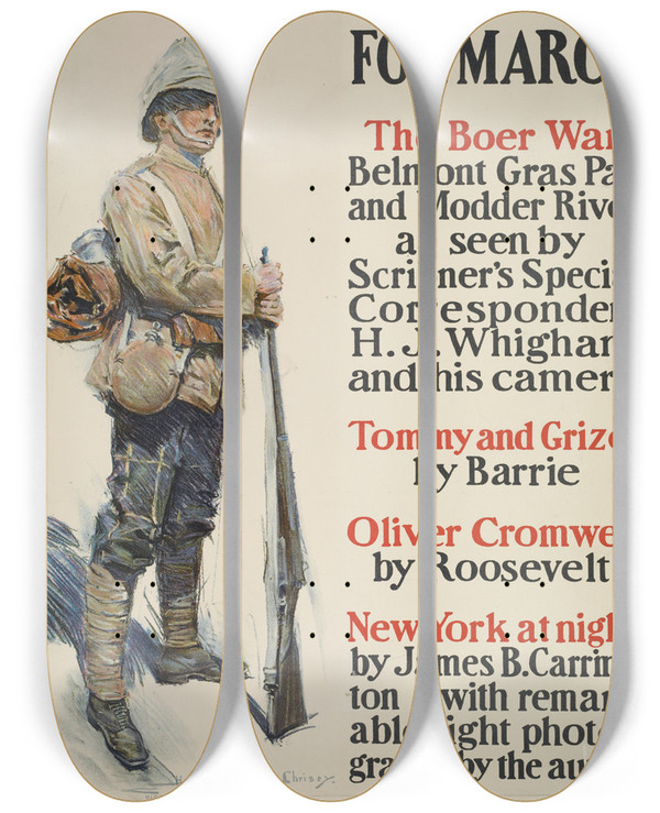 Triptych art skateboard deck of Howard Chandler Christy Scribners For March by Howard Chandler Christy (1873-1952)