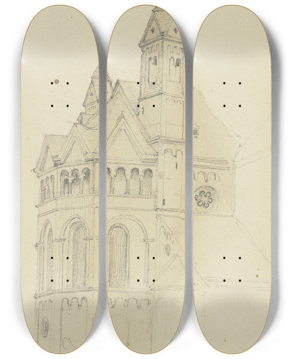 Triptych art skateboard deck of Jakob Becker Chor Einer Romanischen Kirche by Jakob Becker (1810-1872)