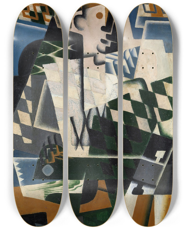 Triptych art skateboard deck of Juan Gris Harlequin With A Guitar by Juan Gris (1887-1927)