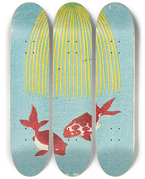 Triptych art skateboard deck of Jinta Hirayama Illustrated Catalogue Of Daylight Bomb Shells No 76 by Jinta Hirayama (19-)