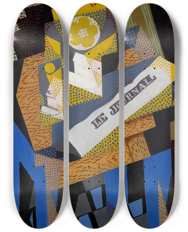 Triptych art skateboard deck of Juan Gris Newspaper And Fruitdish by Juan Gris (1887-1927)