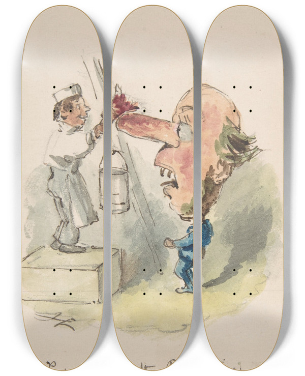 Triptych art skateboard deck of John Leech Preparing For The Pantomime by John Leech (1817-1864)