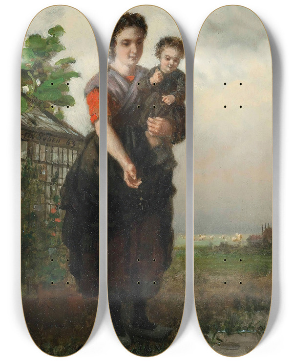 Triptych art skateboard deck of Henri Van Seben Feeding The Ducks by Henri Van Seben (1825-1913)
