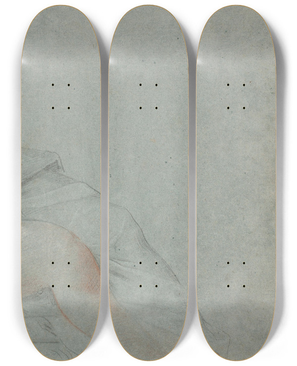 Triptych art skateboard deck of Hendrik Krock Benstudie Af Siddende Kvinde by Hendrik Krock (1671-1738)