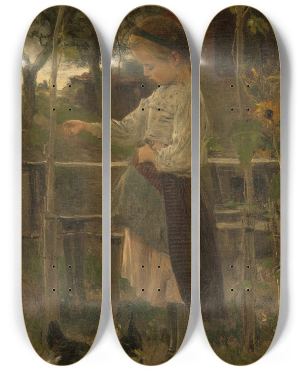 Triptych art skateboard deck of Jacob Maris Feeding Chickens by Jacob Maris (1837-1899)