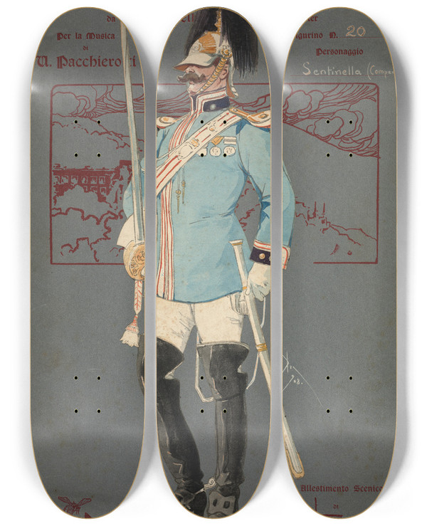 Triptych art skateboard deck of Pipein Gamba Sentinella Comparsa by Pipein Gamba (1868-1954)
