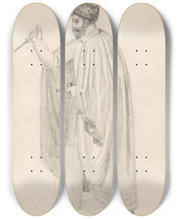 Triptych art skateboard deck of Adolph Tidemand Mann Som Jager En Flue Med Kniv by Adolph Tidemand (1814-1876)