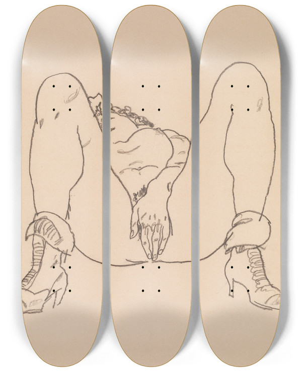 Triptych art skateboard deck of Egon Schiele Reclining Nude With Boots by Egon Schiele (1890-1918)