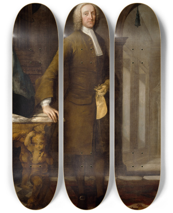 Triptych art skateboard deck of Thomas Frye Portrait Of John Allen Of Bridgewater by Thomas Frye (1710-1762)