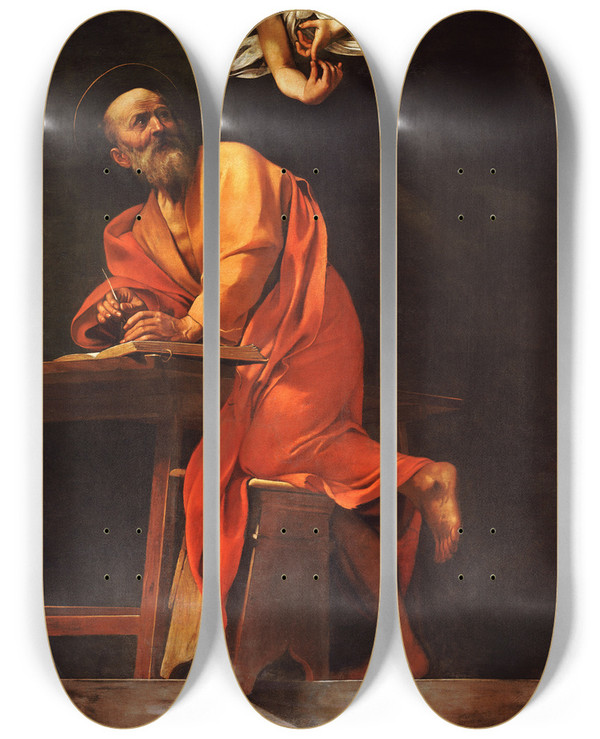 Triptych art skateboard deck of Caravaggio Saint Matthew And The Angel by Caravaggio (1571-1610)