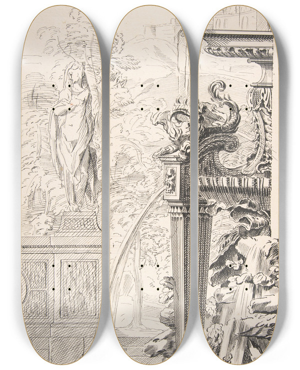 Triptych art skateboard deck of Workshop Of Gillesmarie Oppenord Study For A Garden Capriccio_3 by Workshop Of Gilles Marie Oppenord (1672-1742)