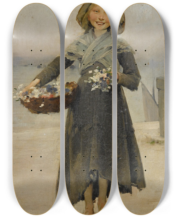 Triptych art skateboard deck of Henrijulesjean Geoffroy Blossoms by Henri-Jules-Jean Geoffroy (1853-1924)